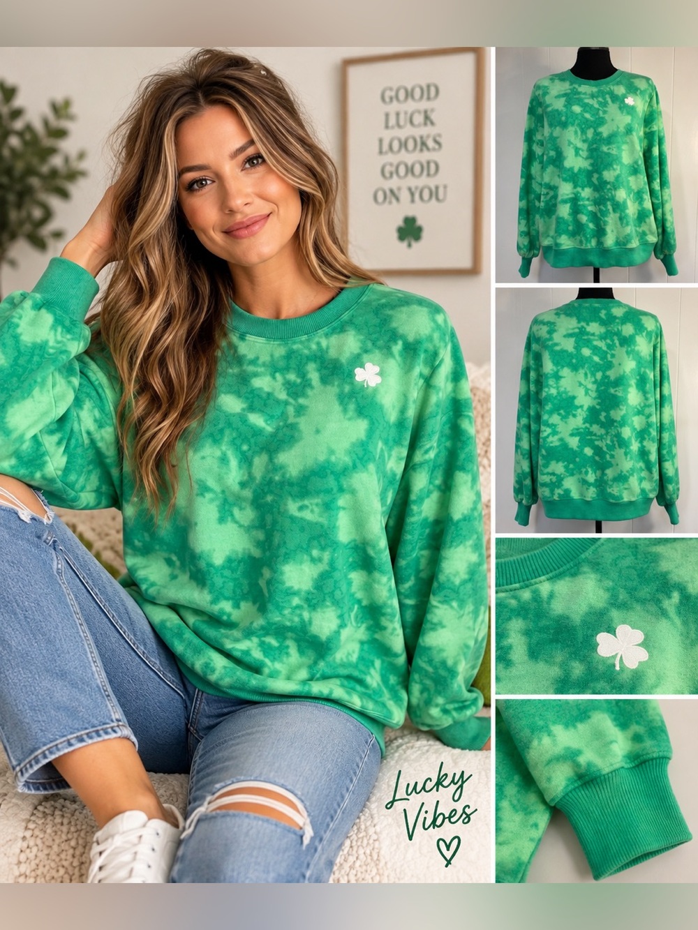 St Patricks Day Shamrock Sweatshirt Green Tie Dye Lucky Clover Crewneck XL